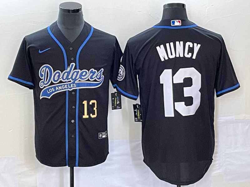 Mens Los Angeles Dodgers #13 Max Muncy Number Black With Patch Cool Base Stitched Baseball Jersey